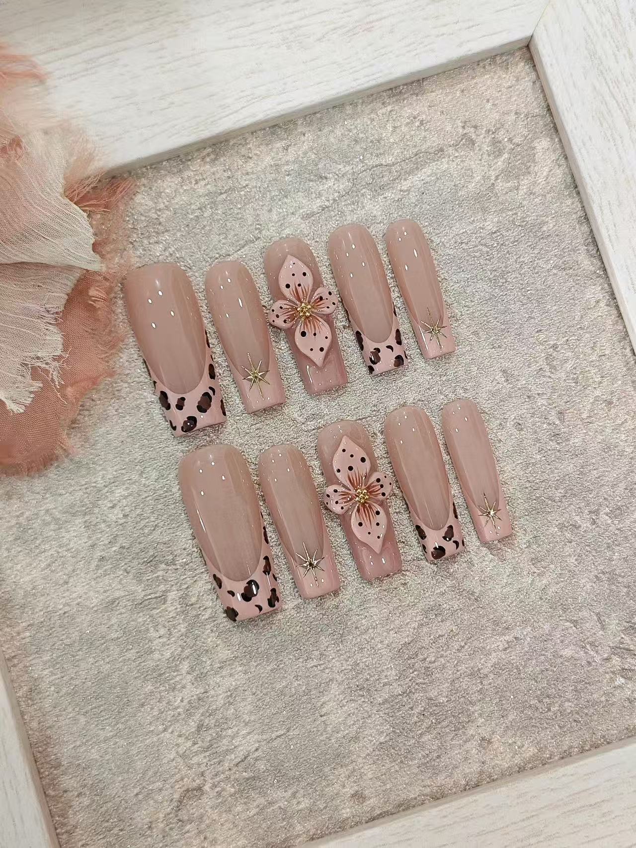 Nude Tea Leopard French 3D Flower Long Square Nails - handmade custom press-on nails detail gallery photo