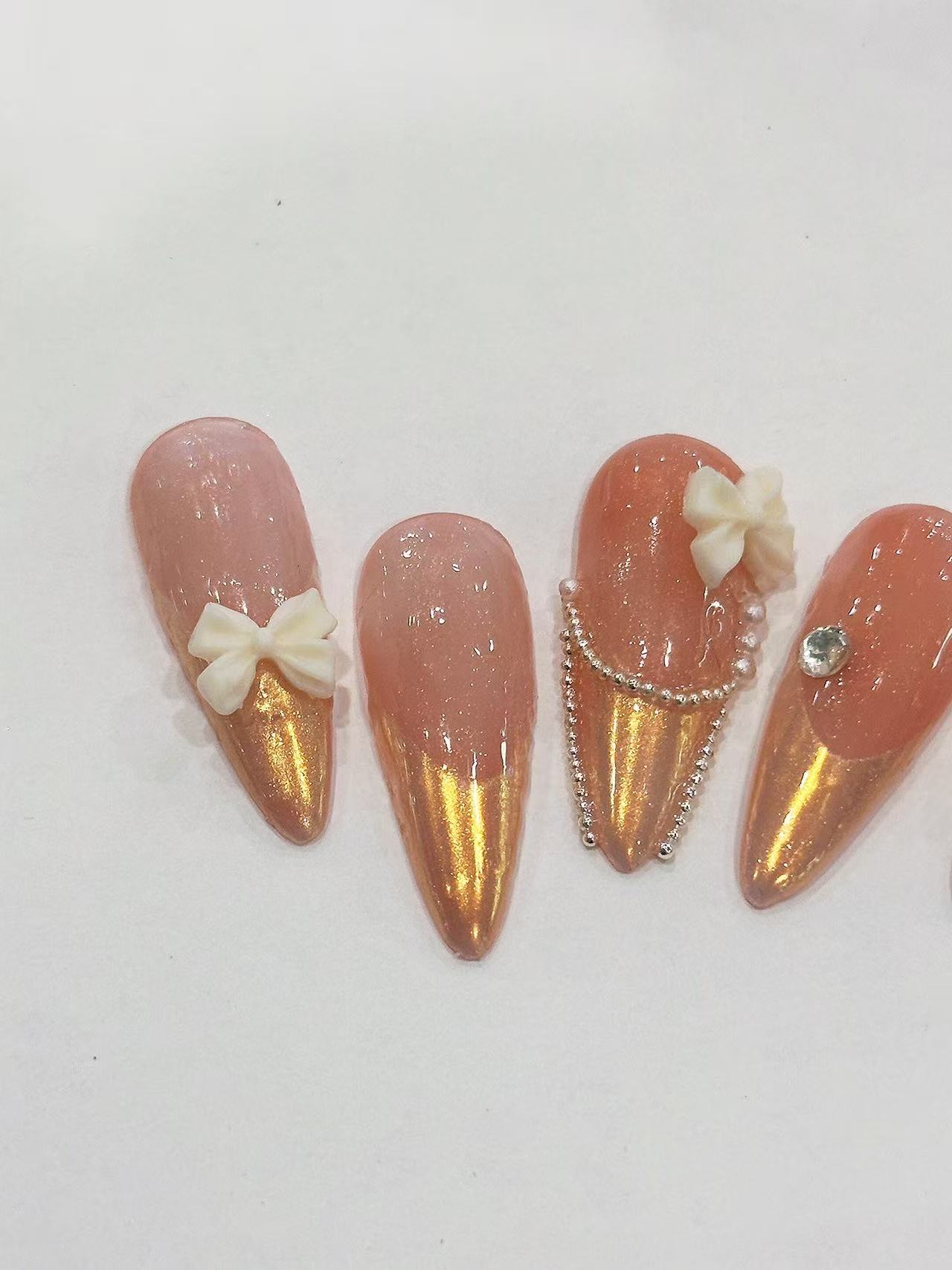 Pink Gold French Bow Pearl Long Almond Press On Nails - handmade custom press-on nails detail gallery photo