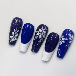 Blue Purple White Floral French Long Coffin Press On Nails - handmade custom press-on nails main product photo
