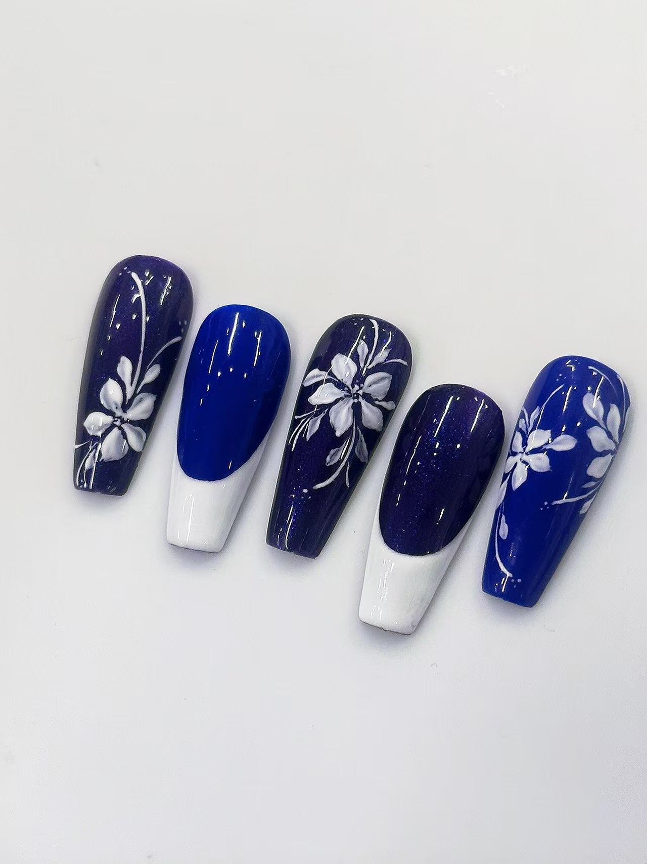 Blue Purple White Floral French Long Coffin Press On Nails - handmade custom press-on nails main product photo