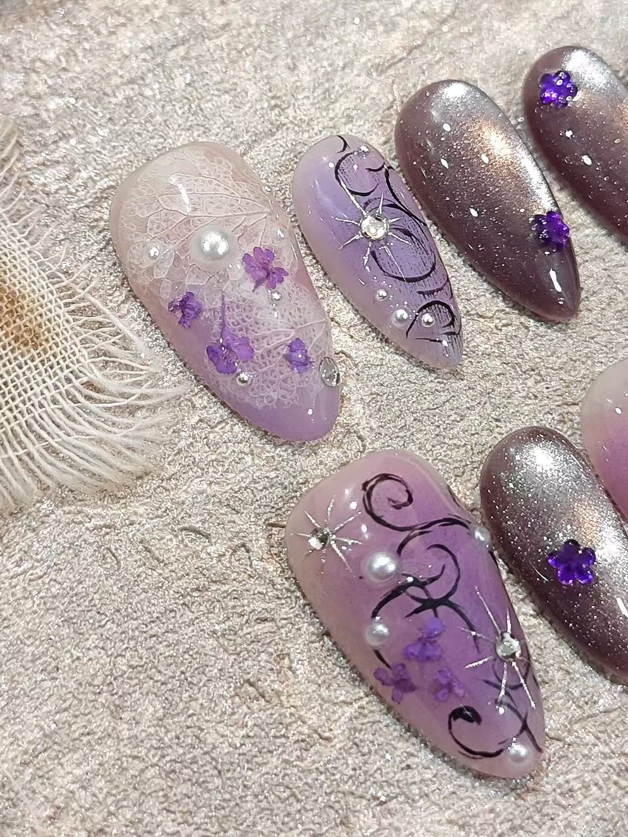 Purple Cat Eye Lace Floral Almond Press On Nails - handmade custom press-on nails detail gallery photo