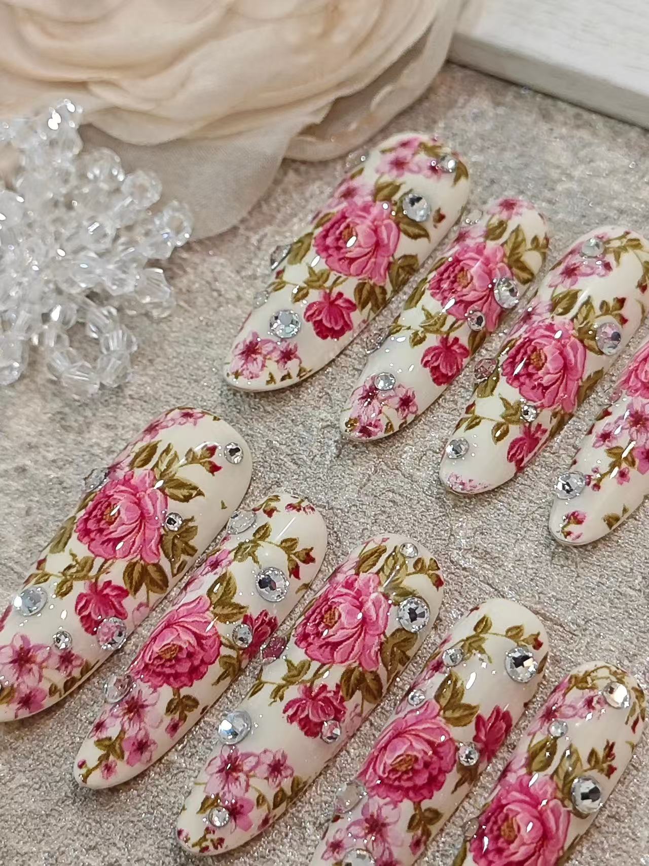 Vintage Pink Rose Rhinestone Long Almond Press On Nails - handmade custom press-on nails detail gallery photo