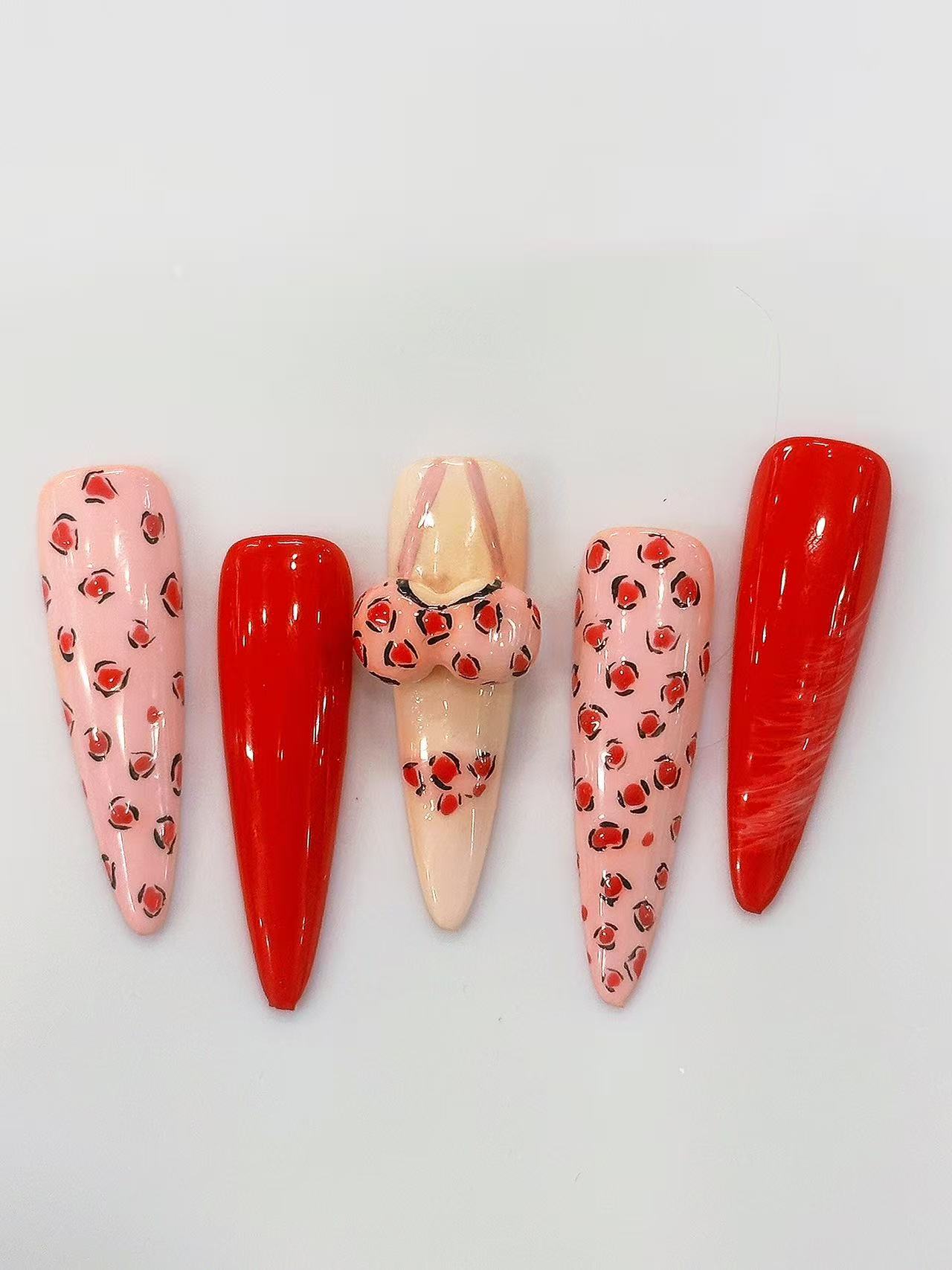 Pink Red Leopard 3D Bikini Long Stiletto Press On Nails - handmade custom press-on nails detail gallery photo