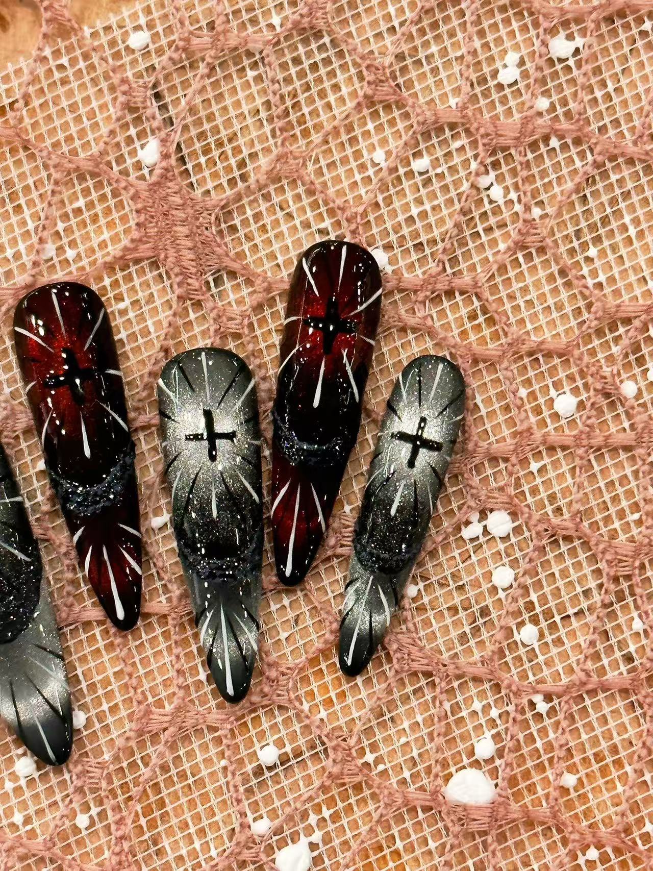 Gothic Cross Gradient Cat Eye Medium Coffin Press On Nails - handmade custom press-on nails detail gallery photo