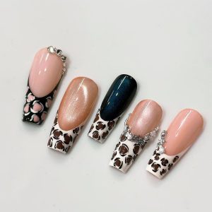 Leopard French Cat Eye Rhinestone Long Coffin Press On Nails - handmade custom press-on nails main product photo