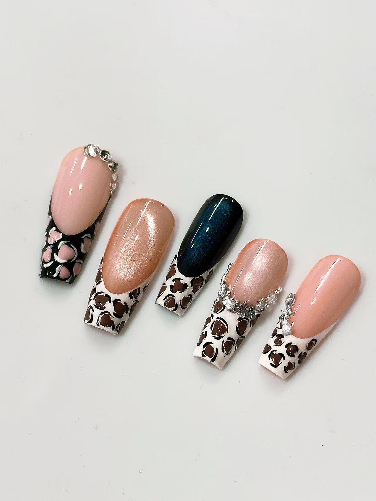 Leopard French Cat Eye Rhinestone Long Coffin Press On Nails - handmade custom press-on nails main product photo