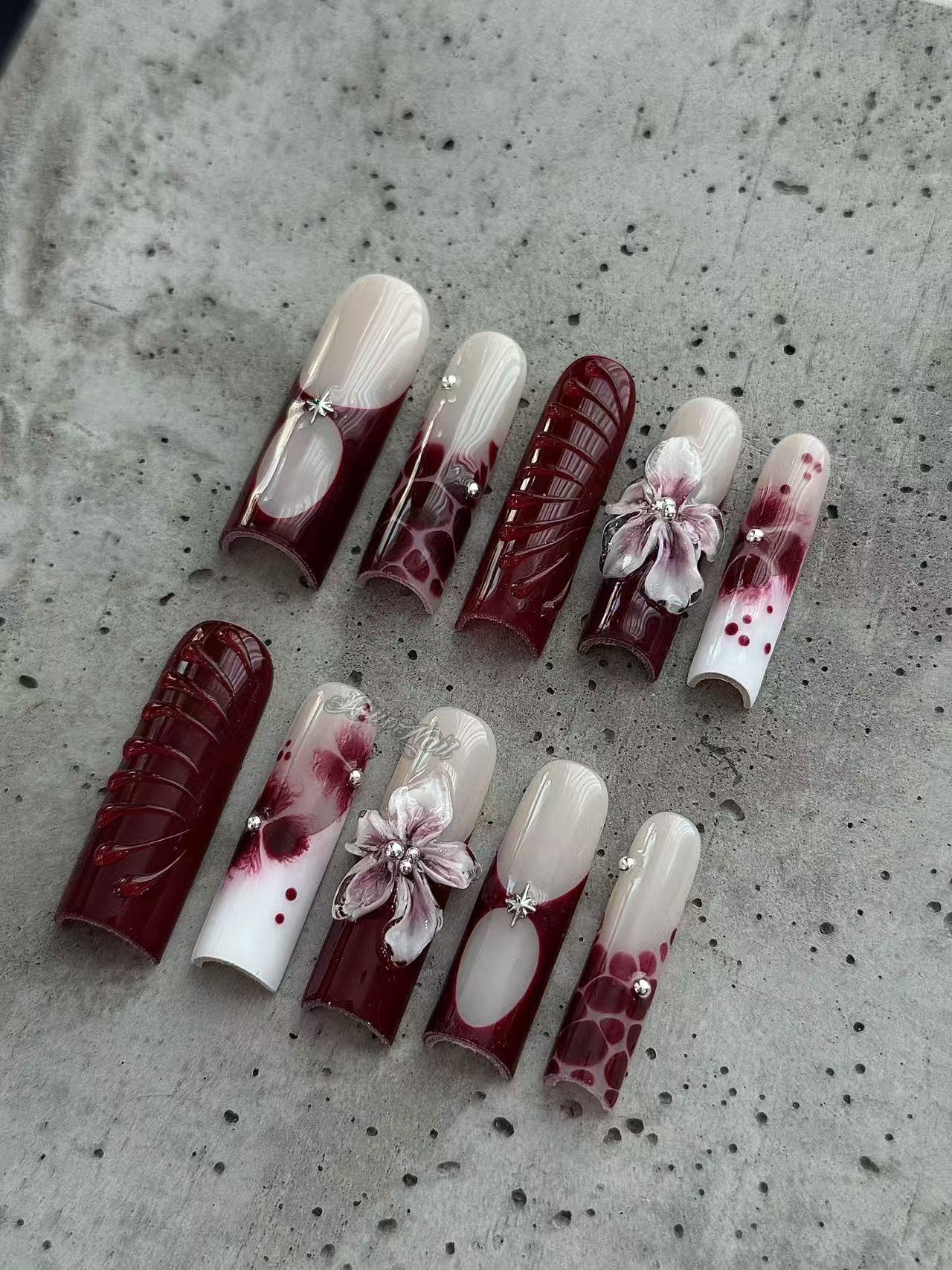 Wine Red 3D Flower Gradient Long Square Press-on Nails - handmade custom press-on nails detail gallery photo