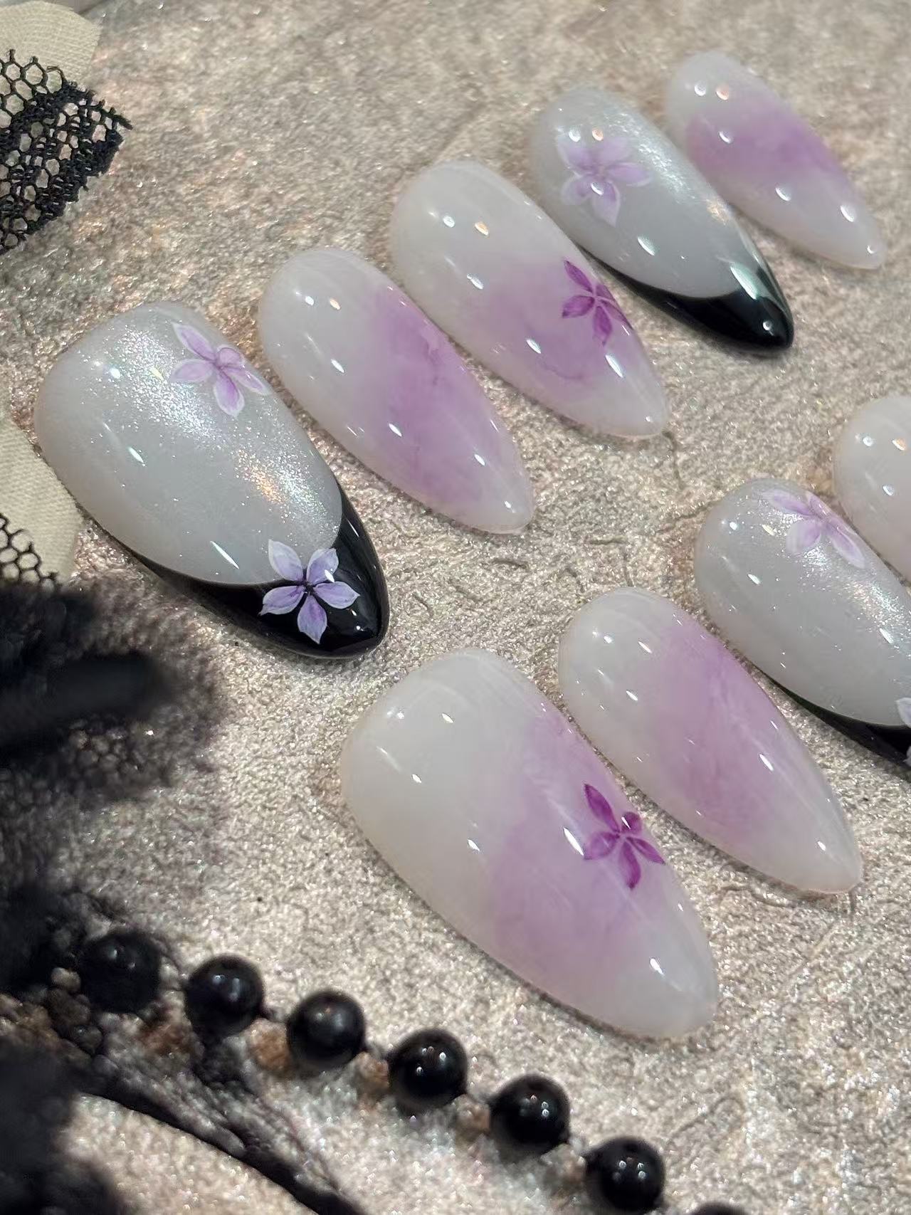 Purple Floral Smoke Black French Almond Press On Nails - handmade custom press-on nails detail gallery photo