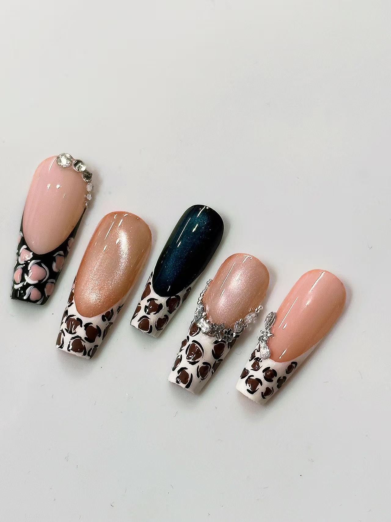 Leopard French Cat Eye Rhinestone Long Coffin Press On Nails - handmade custom press-on nails detail gallery photo