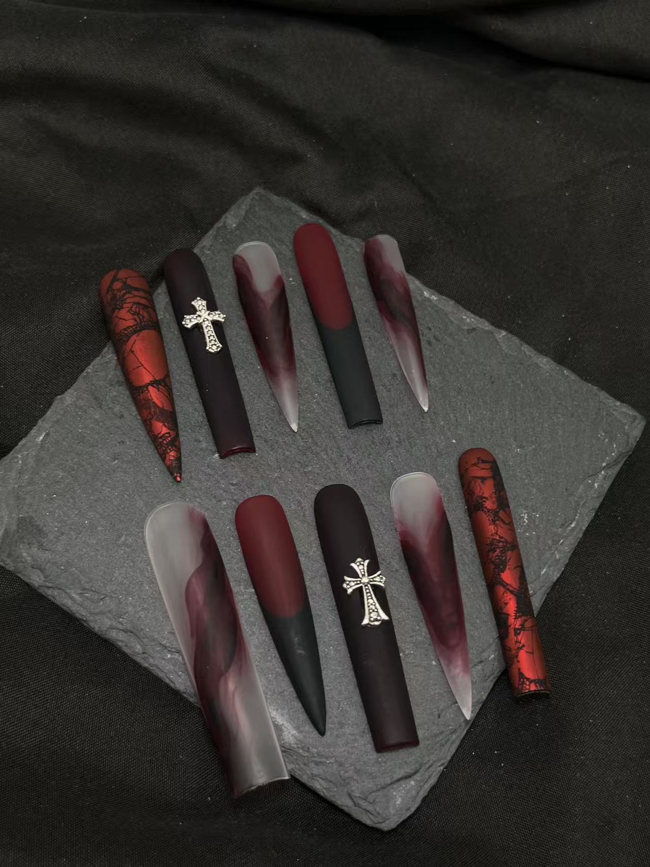 Wine Red Ink Smudge Cross Gothic Long Stiletto Press On Nails - handmade custom press-on nails detail gallery photo