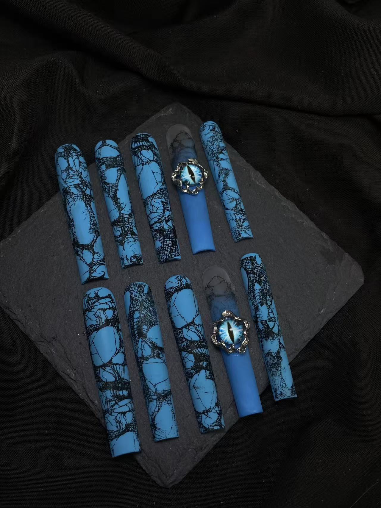 Blue Crack Mesh Evil Eye Long Coffin Press On Nails - handmade custom press-on nails detail gallery photo