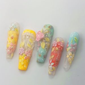 Pastel 3D Rose Lace Long Coffin Press On Nails - handmade custom press-on nails main product photo