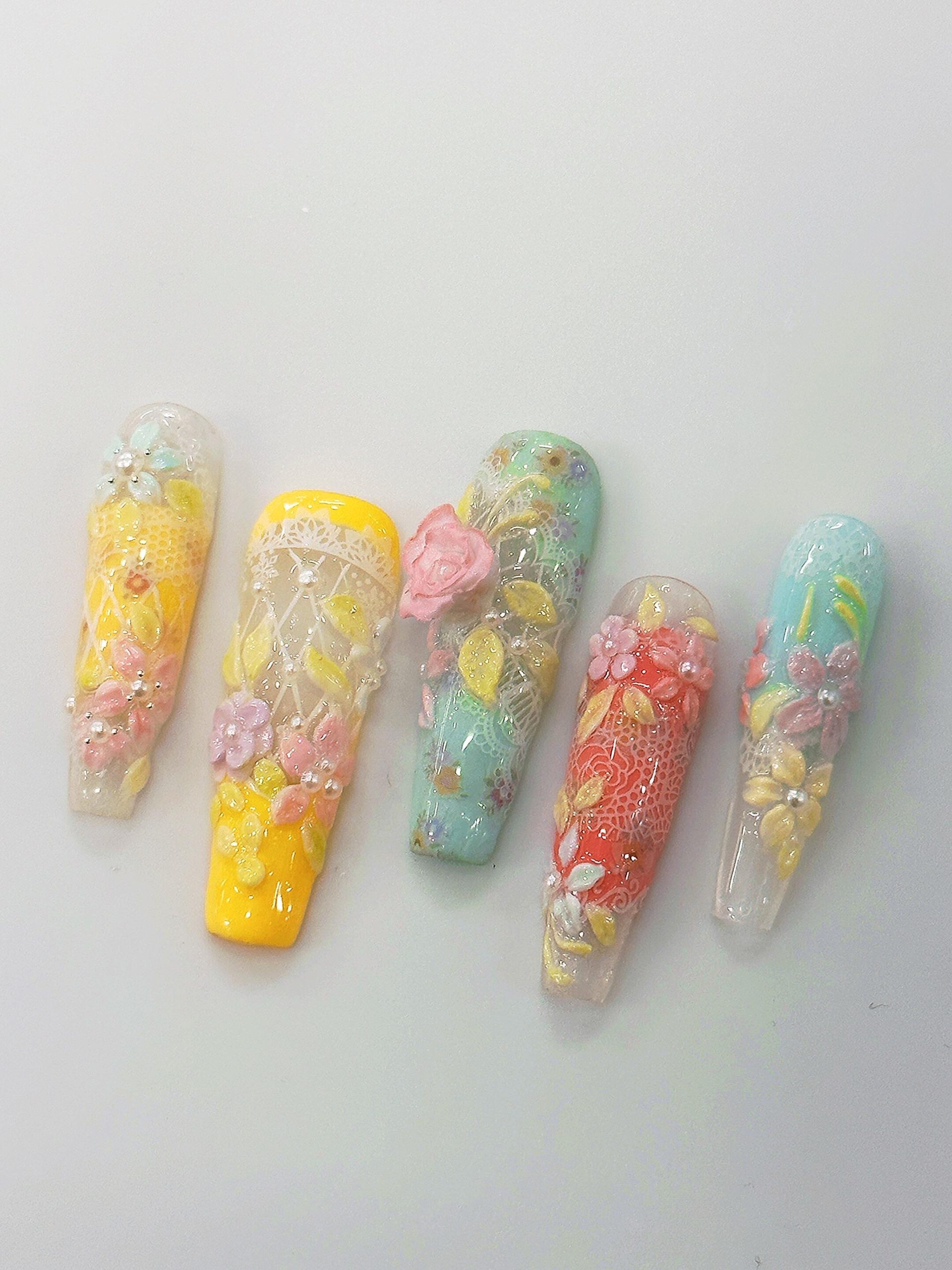 Pastel 3D Rose Lace Long Coffin Press On Nails - handmade custom press-on nails main product photo