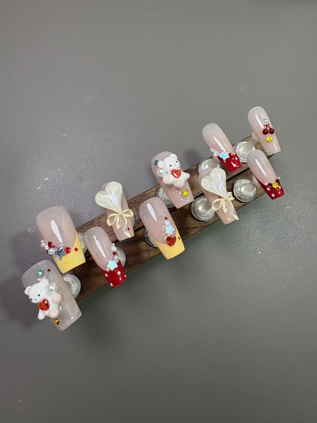 Cute Cartoon Bear Cherry French Medium Coffin Press On Nails - handmade custom press-on nails detail gallery photo