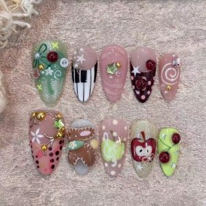 Cute Cartoon Ladybug Bear Apple Almond Press On Nails - handmade custom press-on nails main product photo