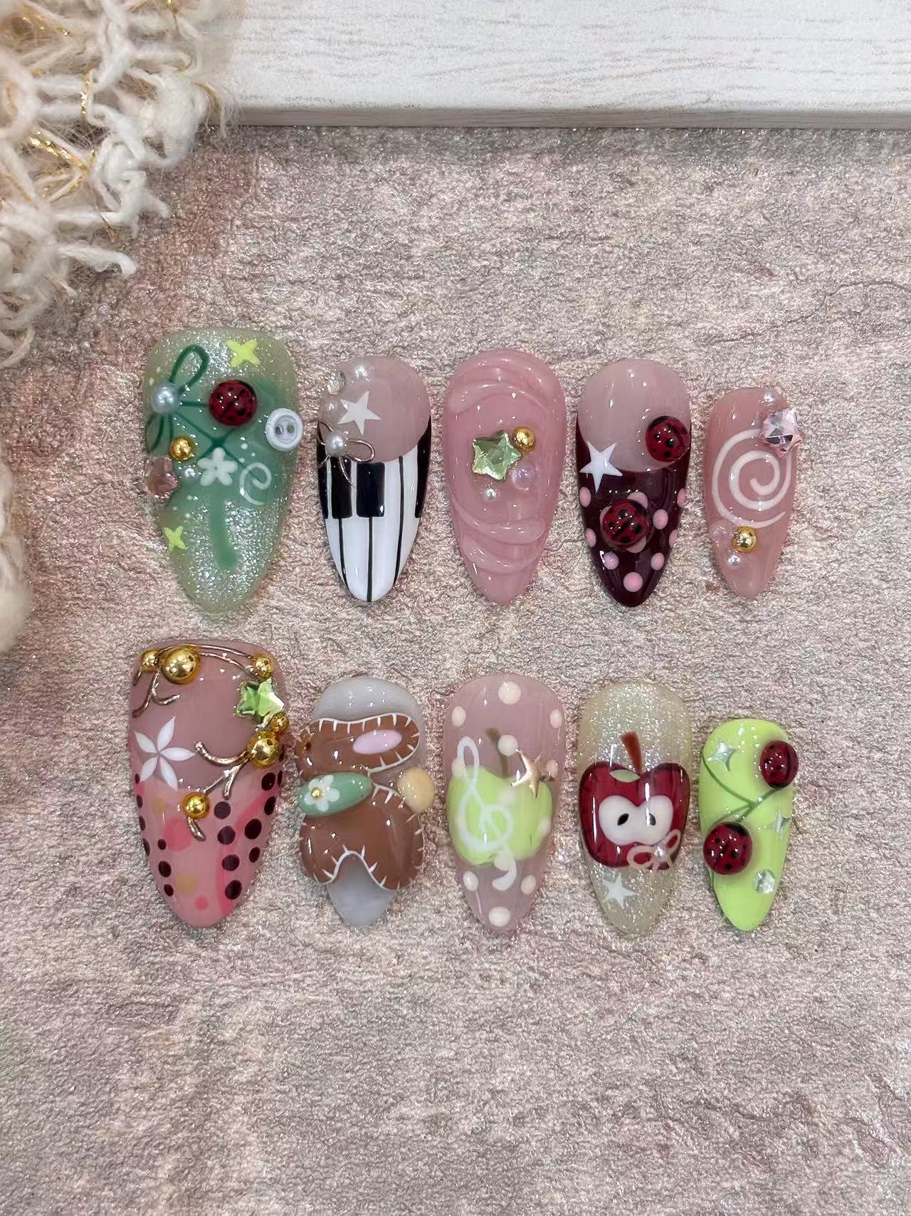 Cute Cartoon Ladybug Bear Apple Almond Press On Nails - handmade custom press-on nails main product photo