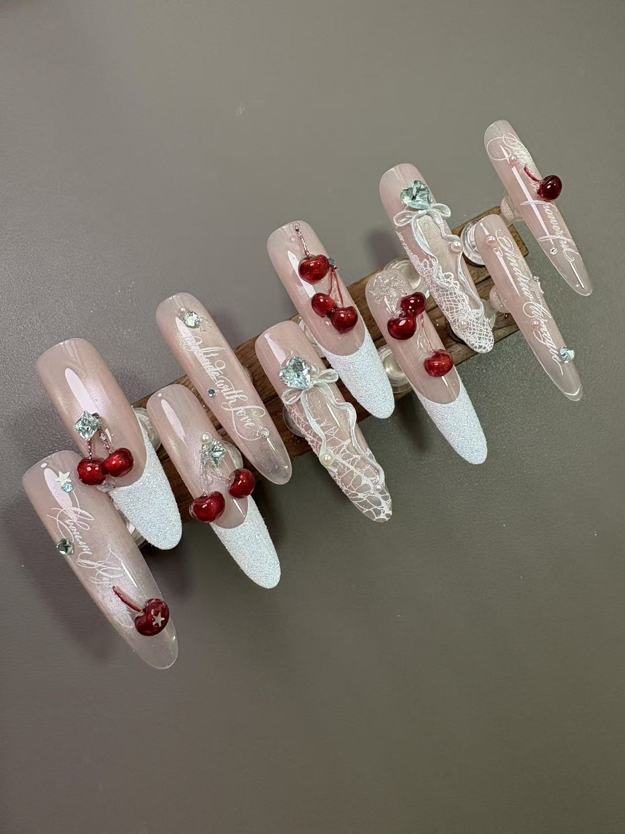 Cherry Lace French Long Stiletto Press On Nails - handmade custom press-on nails detail gallery photo