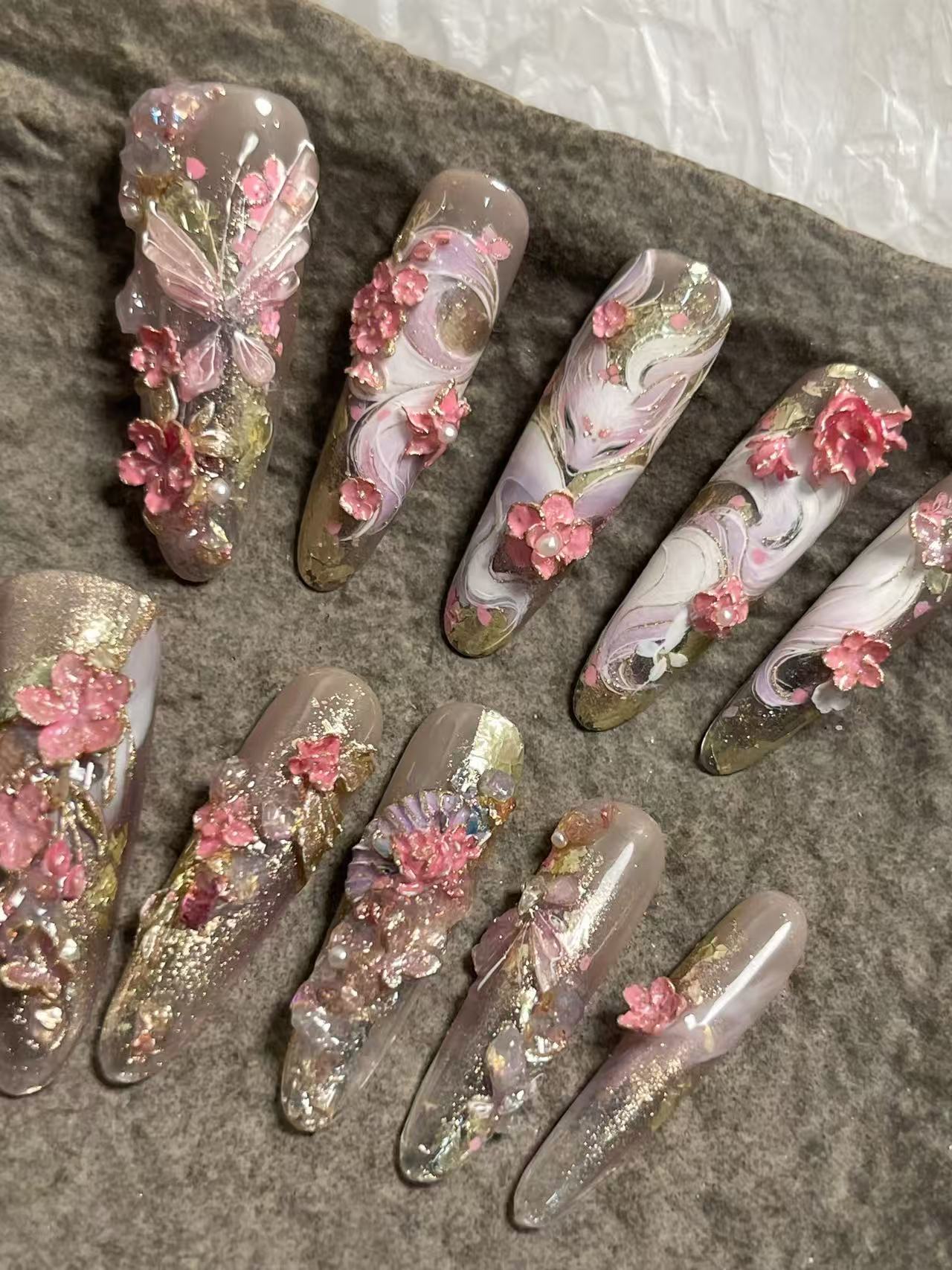 Chinese Style Fox 3D Cherry Blossom Long Stiletto Press On Nails - handmade custom press-on nails detail gallery photo