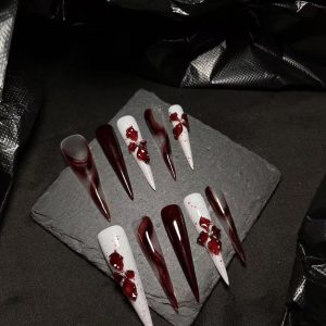 Blood Red Ink Smudge 3D Bow Long Stiletto Press On Nails - handmade custom press-on nails main product photo