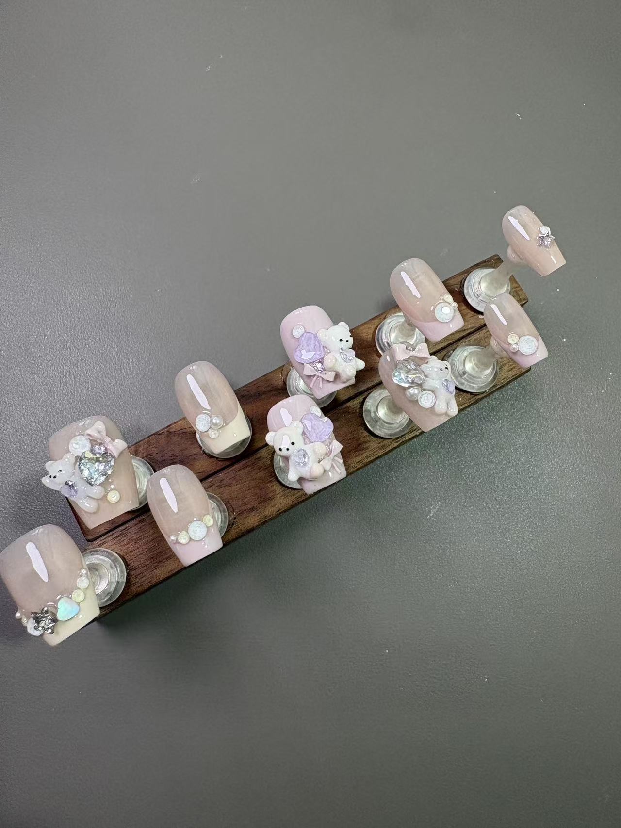 Nude Pink French 3D Bear Short Square Press On Nails - handmade custom press-on nails detail gallery photo