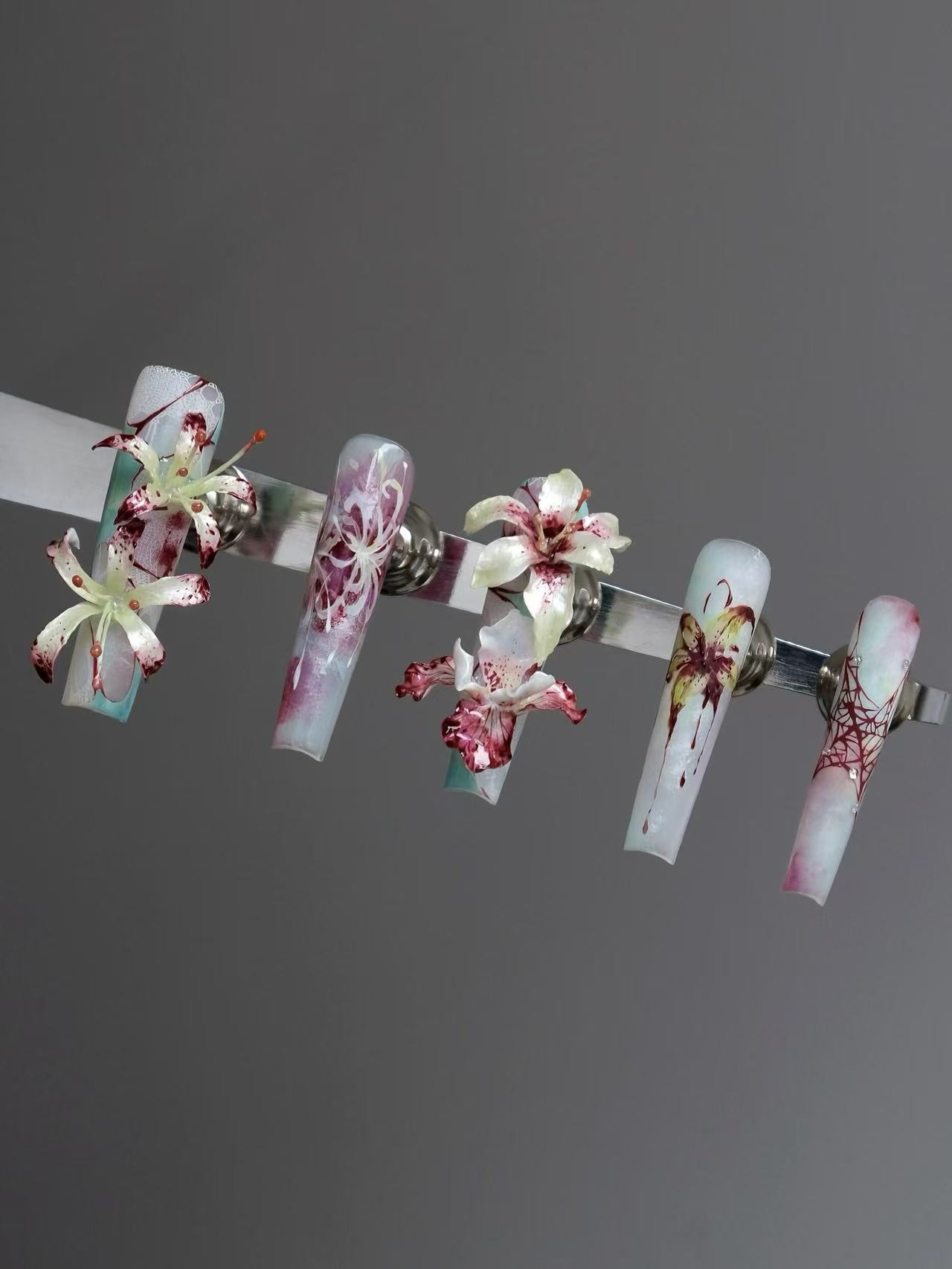Blood Stain Lily Cobweb Long Coffin Press On Nails - handmade custom press-on nails main product photo