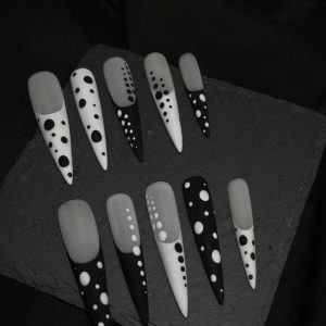 Black White Gray Polka Dot Color Block Long Stiletto Press On Nails