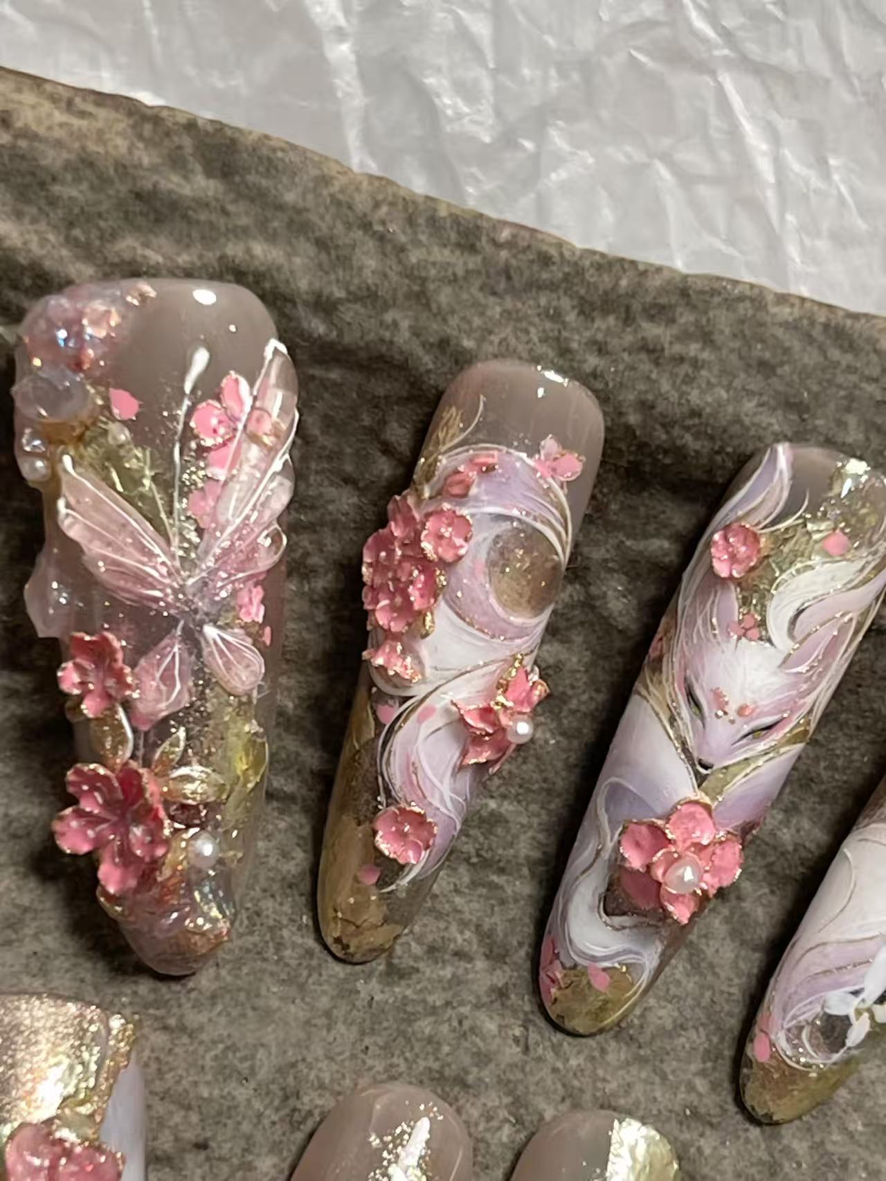 Chinese Style Fox 3D Cherry Blossom Long Stiletto Press On Nails - handmade custom press-on nails detail gallery photo