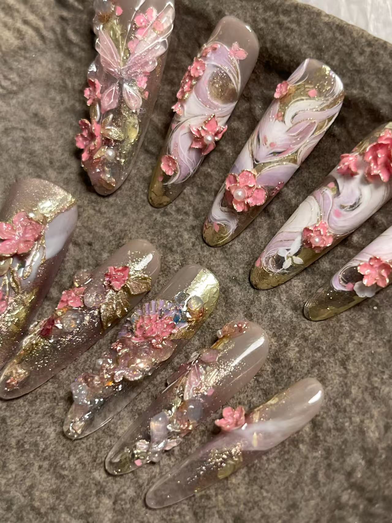 Chinese Style Fox 3D Cherry Blossom Long Stiletto Press On Nails - handmade custom press-on nails detail gallery photo