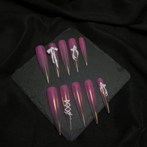 Aurora Pink Gradient 3D Bow Lace Up Long Stiletto Press On Nails - handmade custom press-on nails main product photo