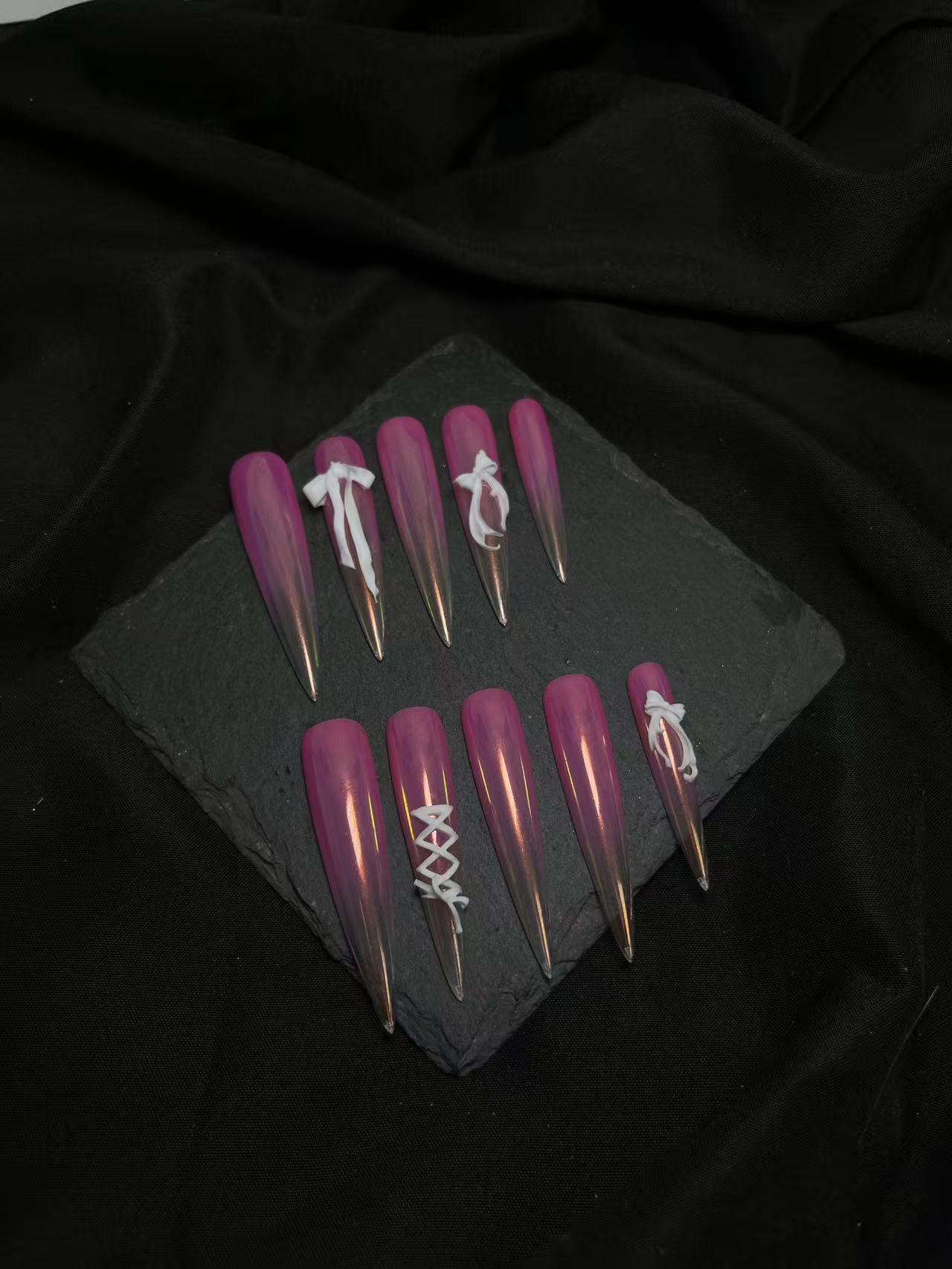 Aurora Pink Gradient 3D Bow Lace Up Long Stiletto Press On Nails - handmade custom press-on nails main product photo