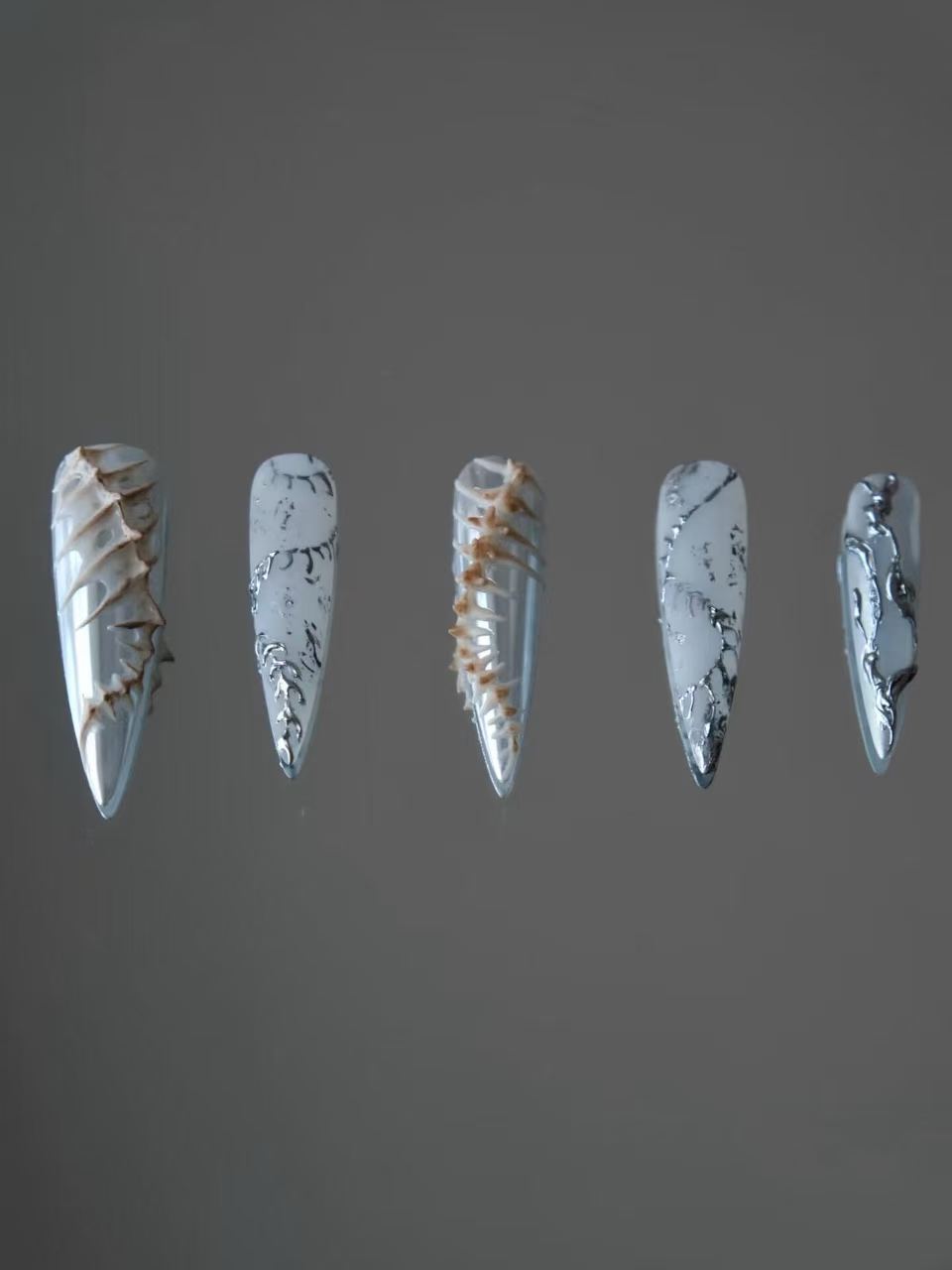 Silver Thorn Skeleton Stiletto Press On Nails - handmade custom press-on nails detail gallery photo