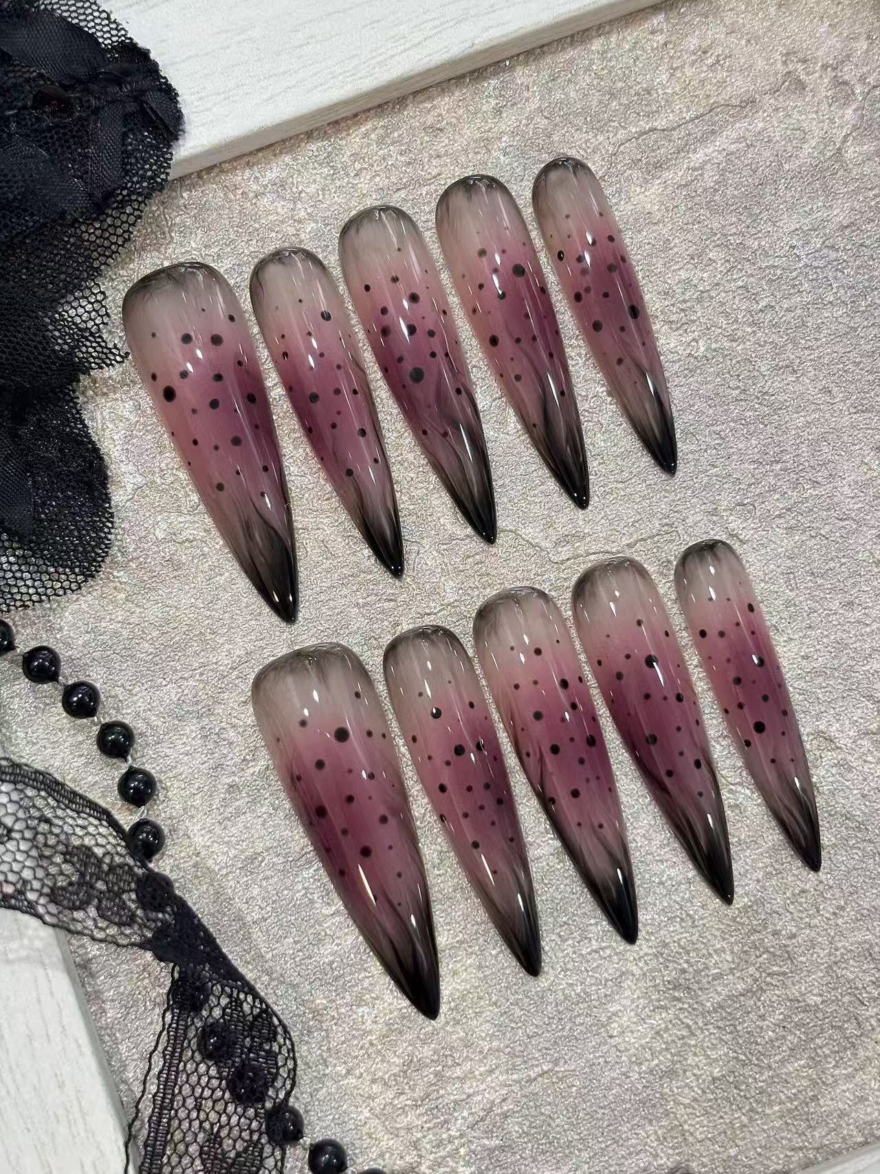 Pink Black Smoke Gradient Dot Stiletto Press On Nails - handmade custom press-on nails detail gallery photo