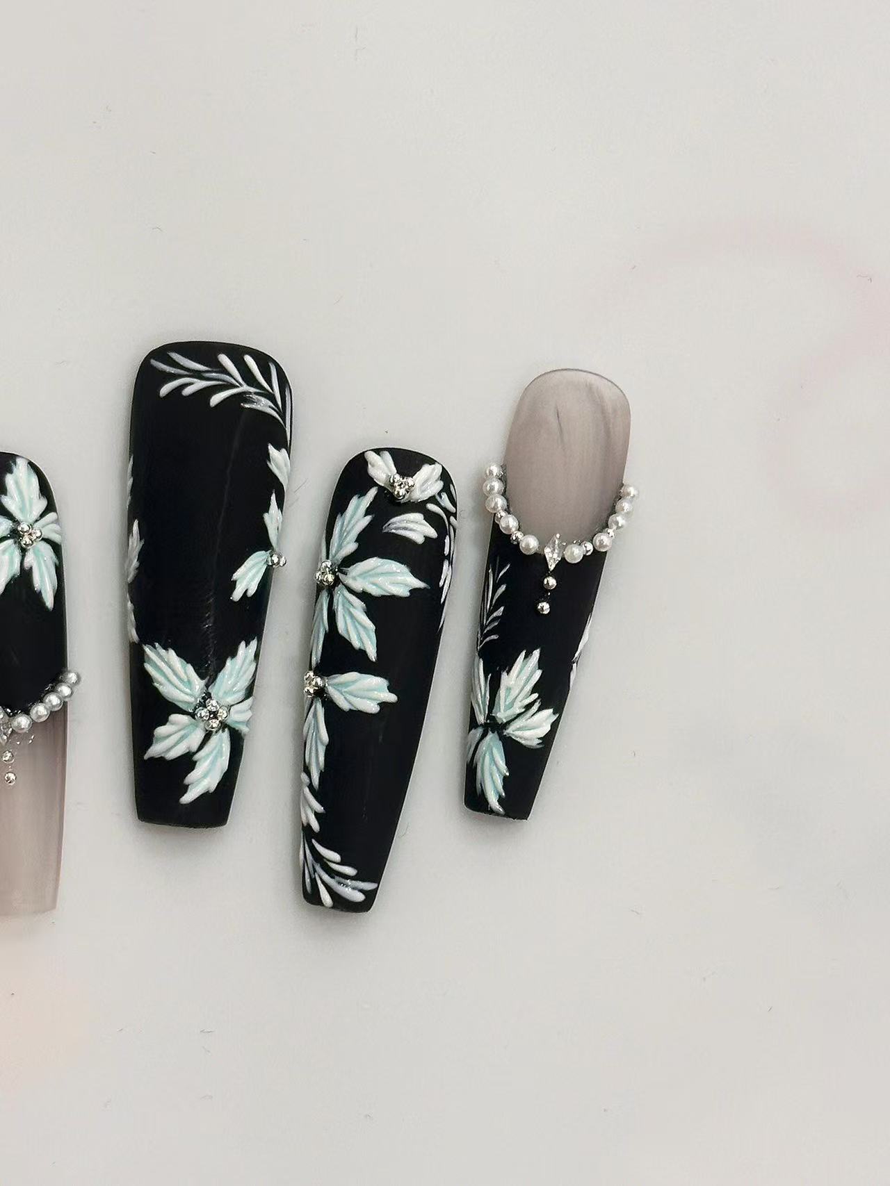 Embroidered Floral Dark Pearl Long Coffin Press On Nails - handmade custom press-on nails detail gallery photo