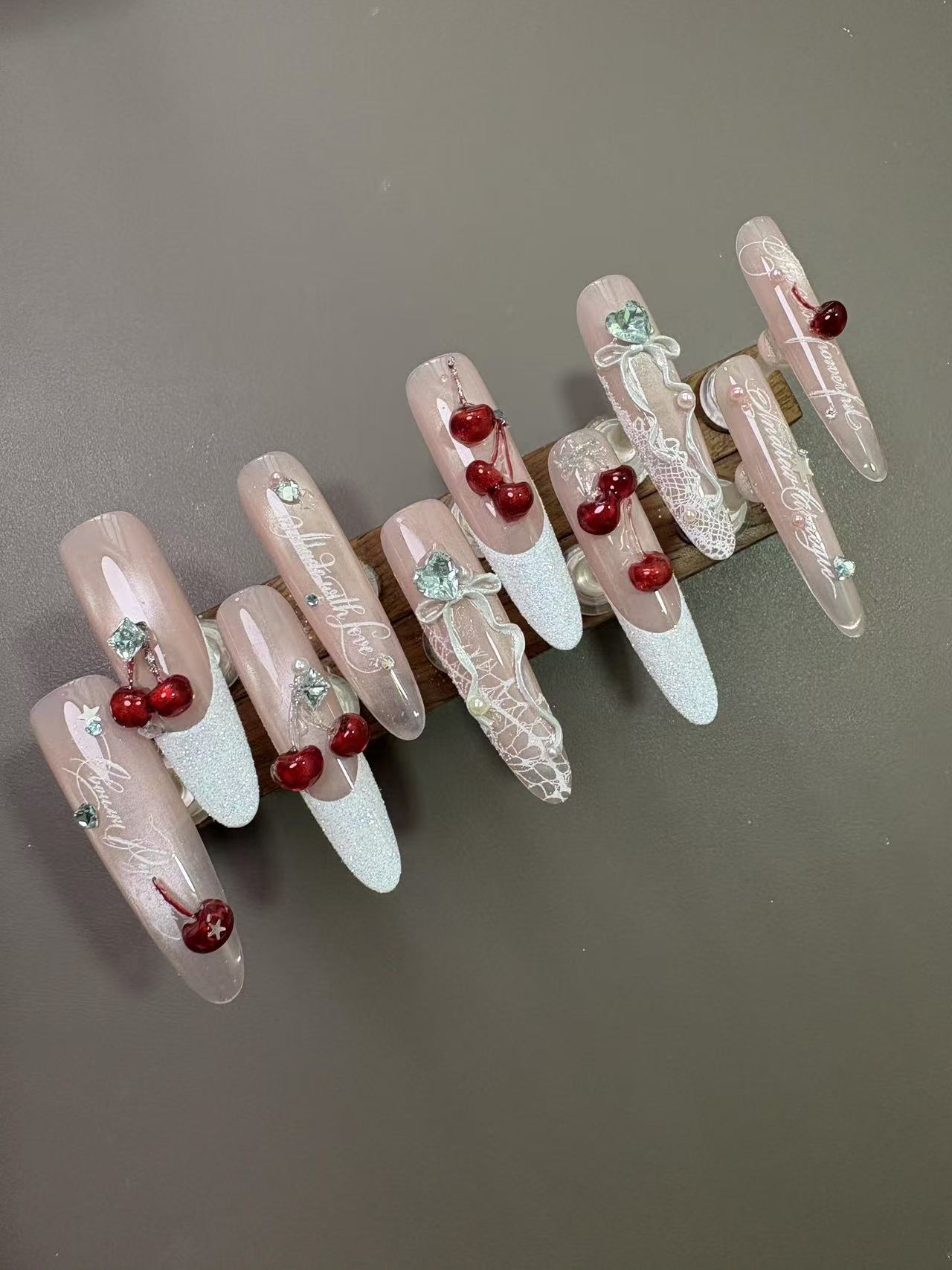 Cherry Lace French Long Stiletto Press On Nails - handmade custom press-on nails detail gallery photo