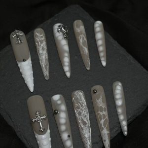 White Python Scale Cross Long Stiletto Press On Nails
