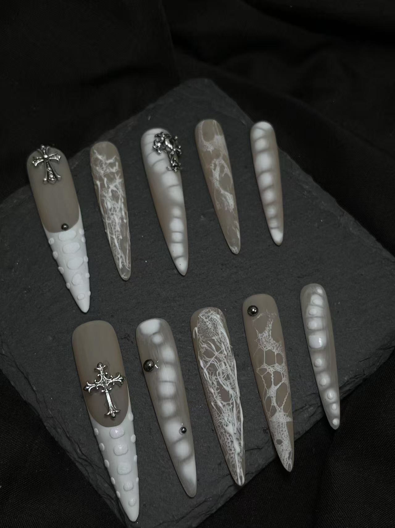 White Python Scale Cross Long Stiletto Press On Nails