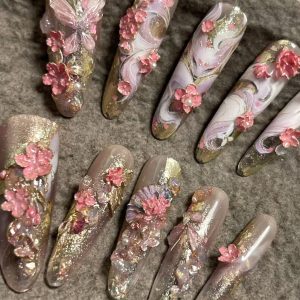 Chinese Style Fox 3D Cherry Blossom Long Stiletto Press On Nails - handmade custom press-on nails main product photo