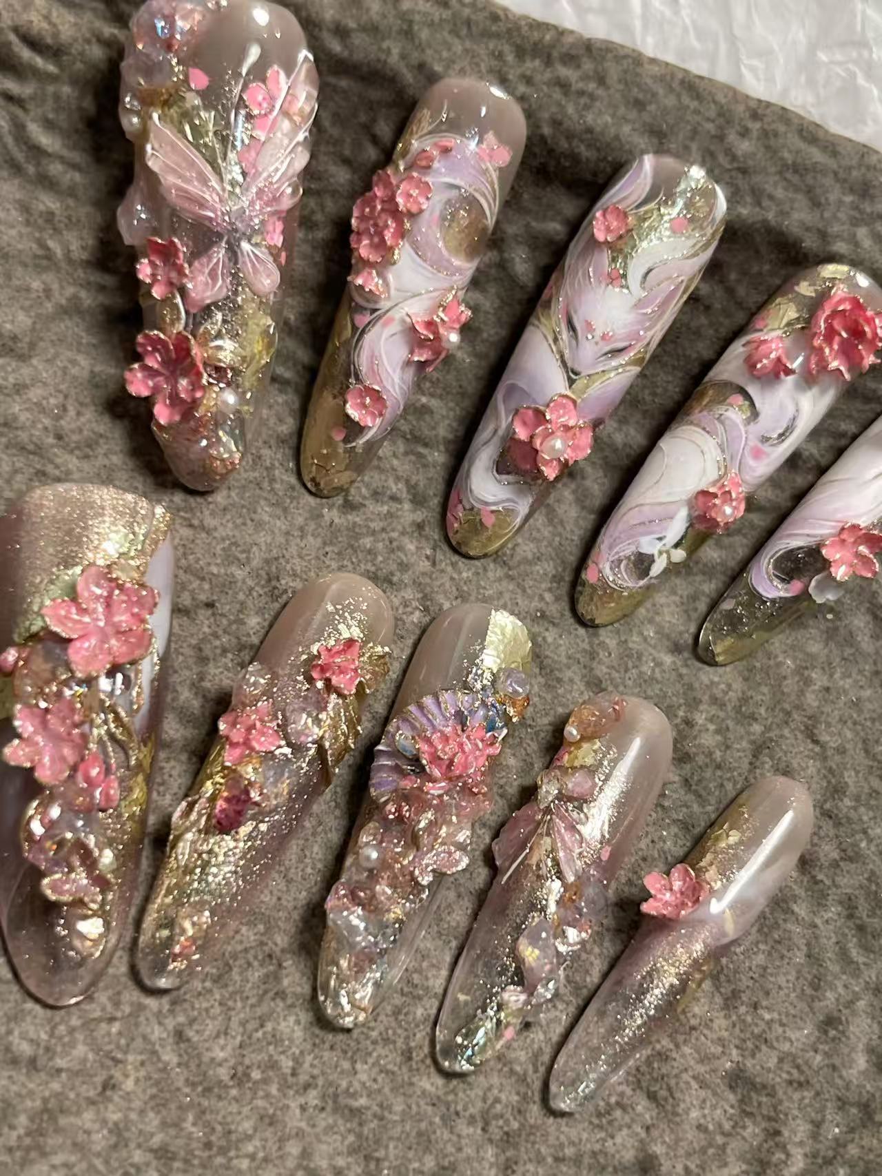 Chinese Style Fox 3D Cherry Blossom Long Stiletto Press On Nails - handmade custom press-on nails main product photo