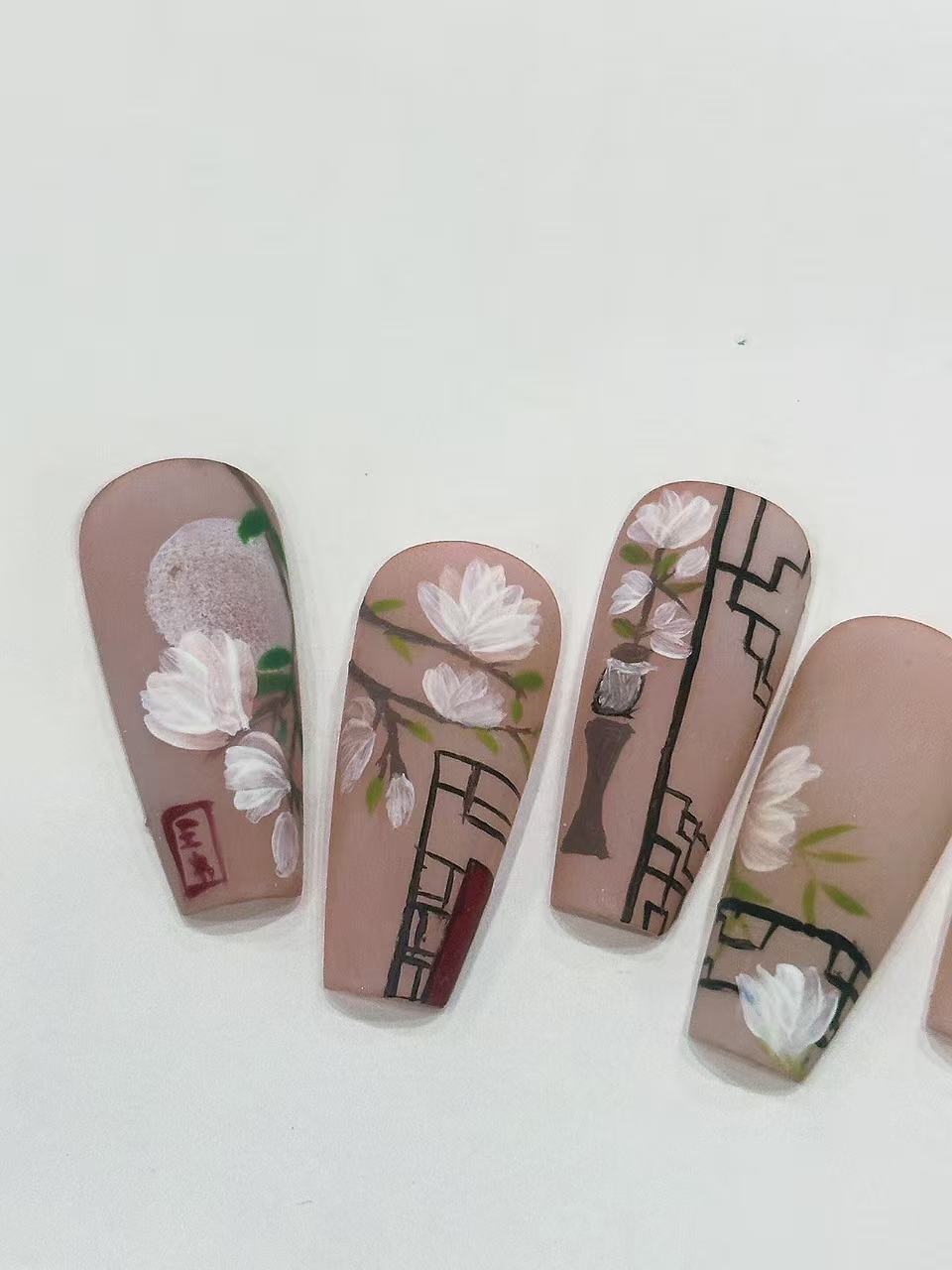 Chinese Style Magnolia “Home Letter” Matte Long Coffin Press On Nails - handmade custom press-on nails detail gallery photo