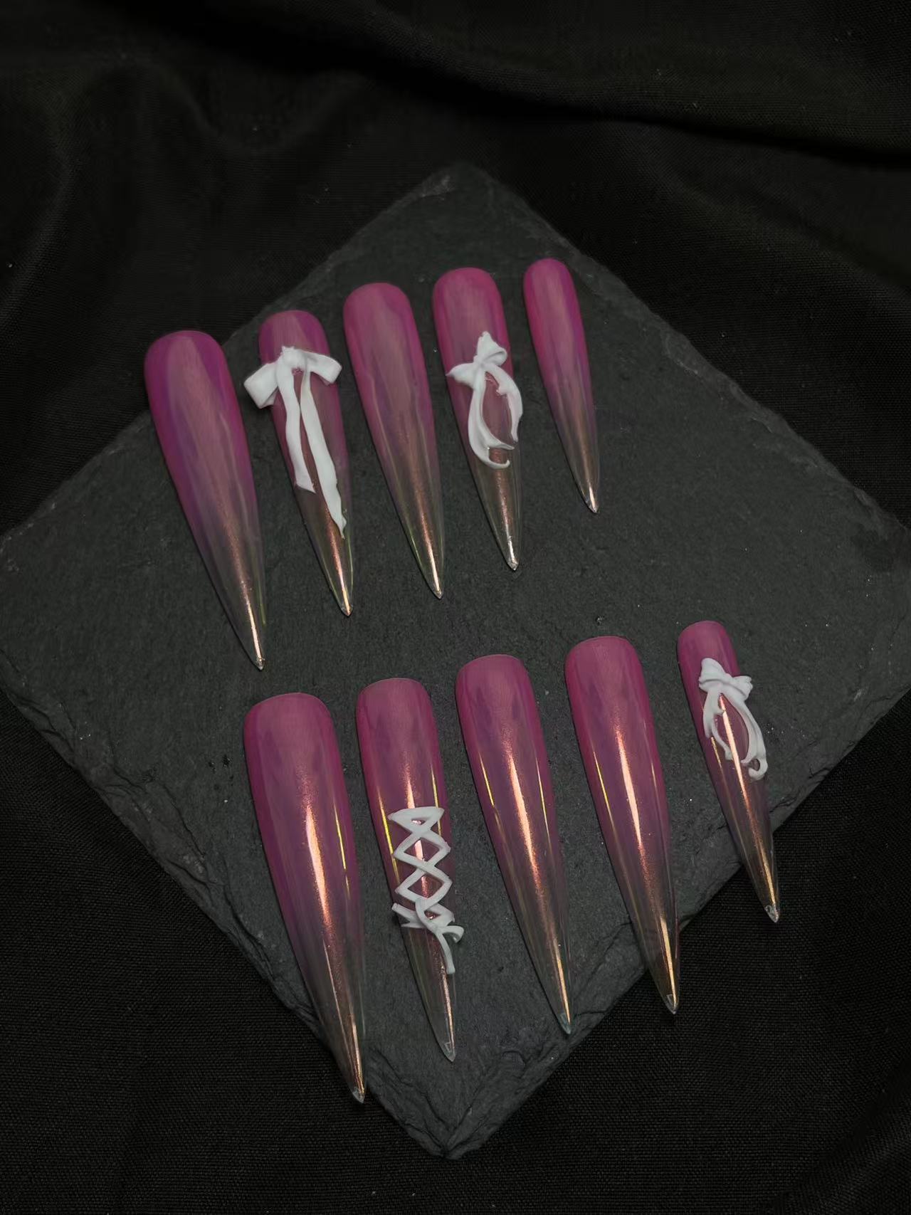 Aurora Pink Gradient 3D Bow Lace Up Long Stiletto Press On Nails - handmade custom press-on nails detail gallery photo