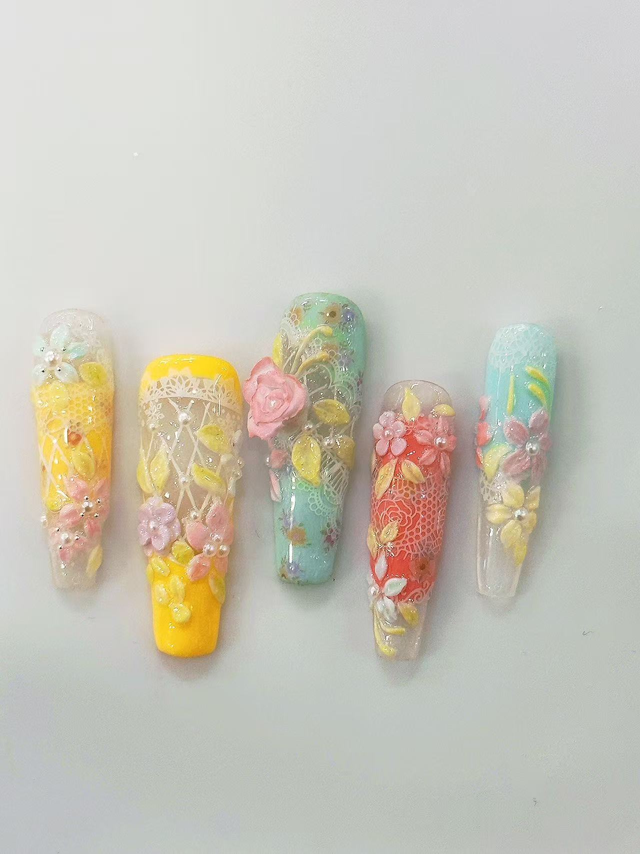 Pastel 3D Rose Lace Long Coffin Press On Nails - handmade custom press-on nails detail gallery photo
