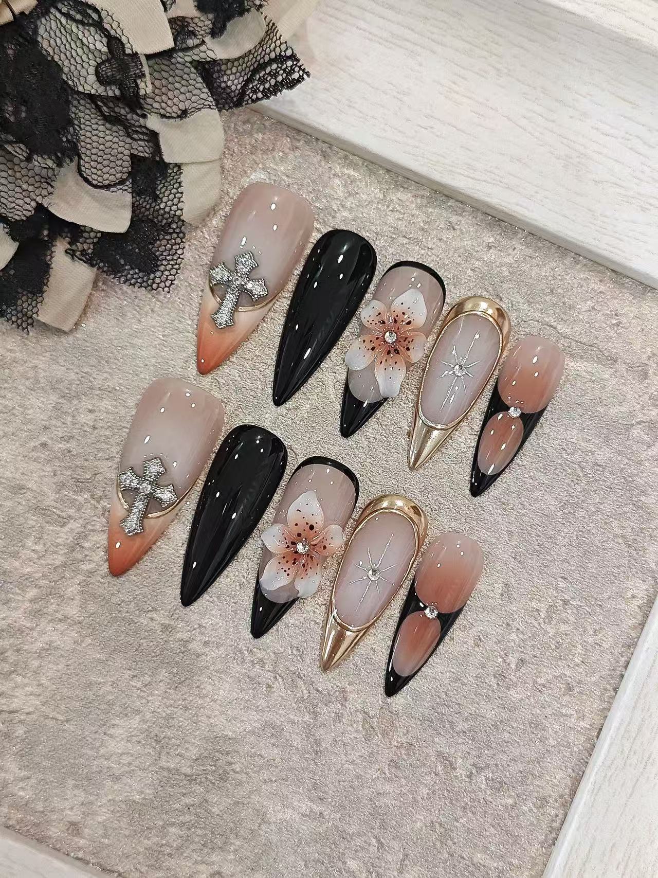 Nude Orange Gradient Cross 3D Flower Stiletto Press On Nails - handmade custom press-on nails detail gallery photo
