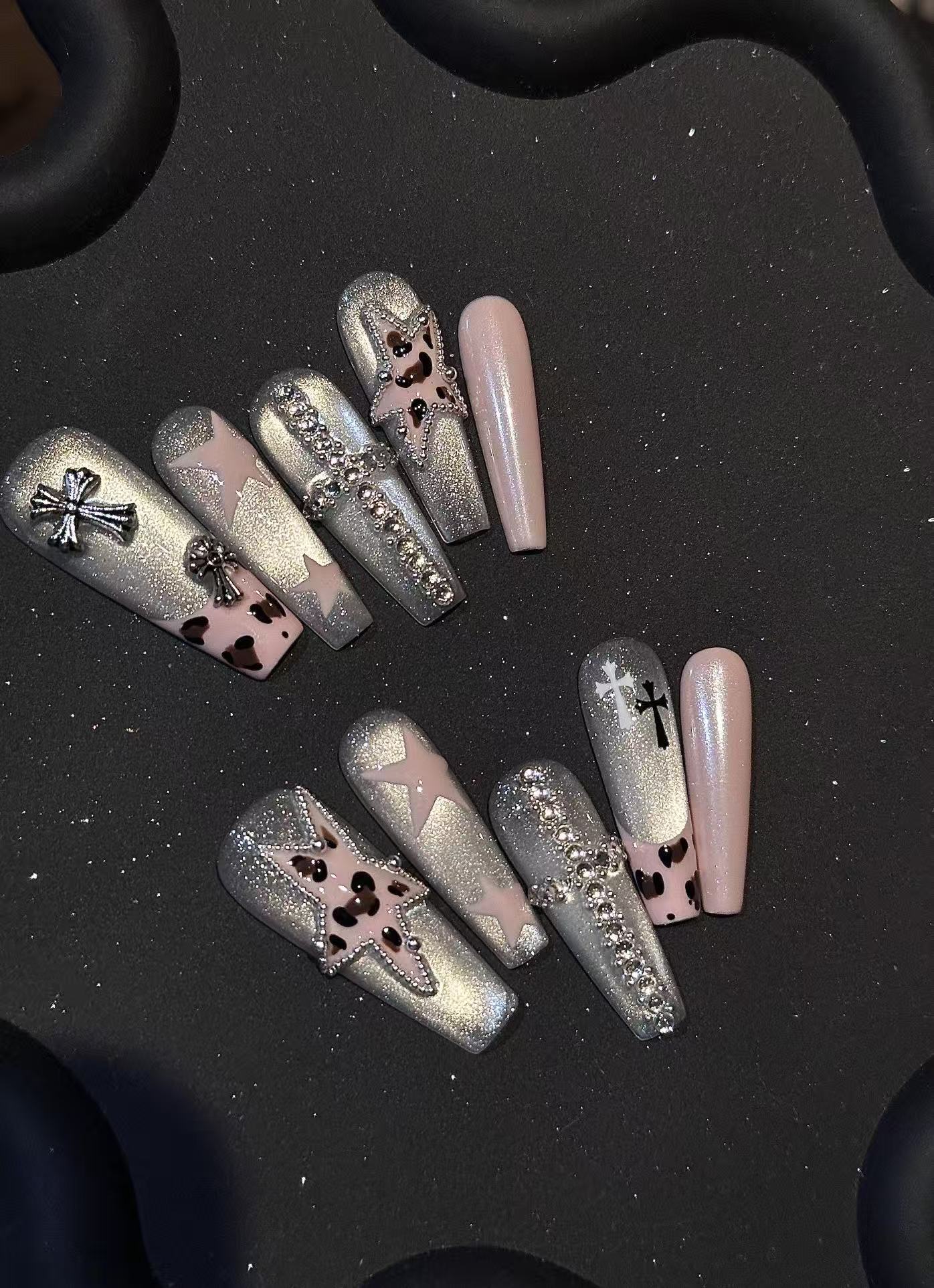 Silver Glitter Pink Leopard Star Cross Long Coffin Press On Nails - Image 2