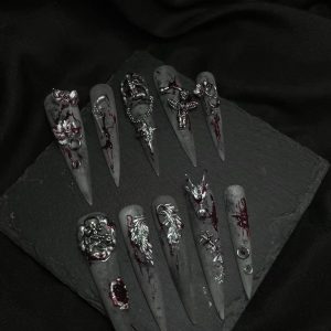 Blood Stain Dragon Skull Dark Gothic Long Stiletto Press On Nails