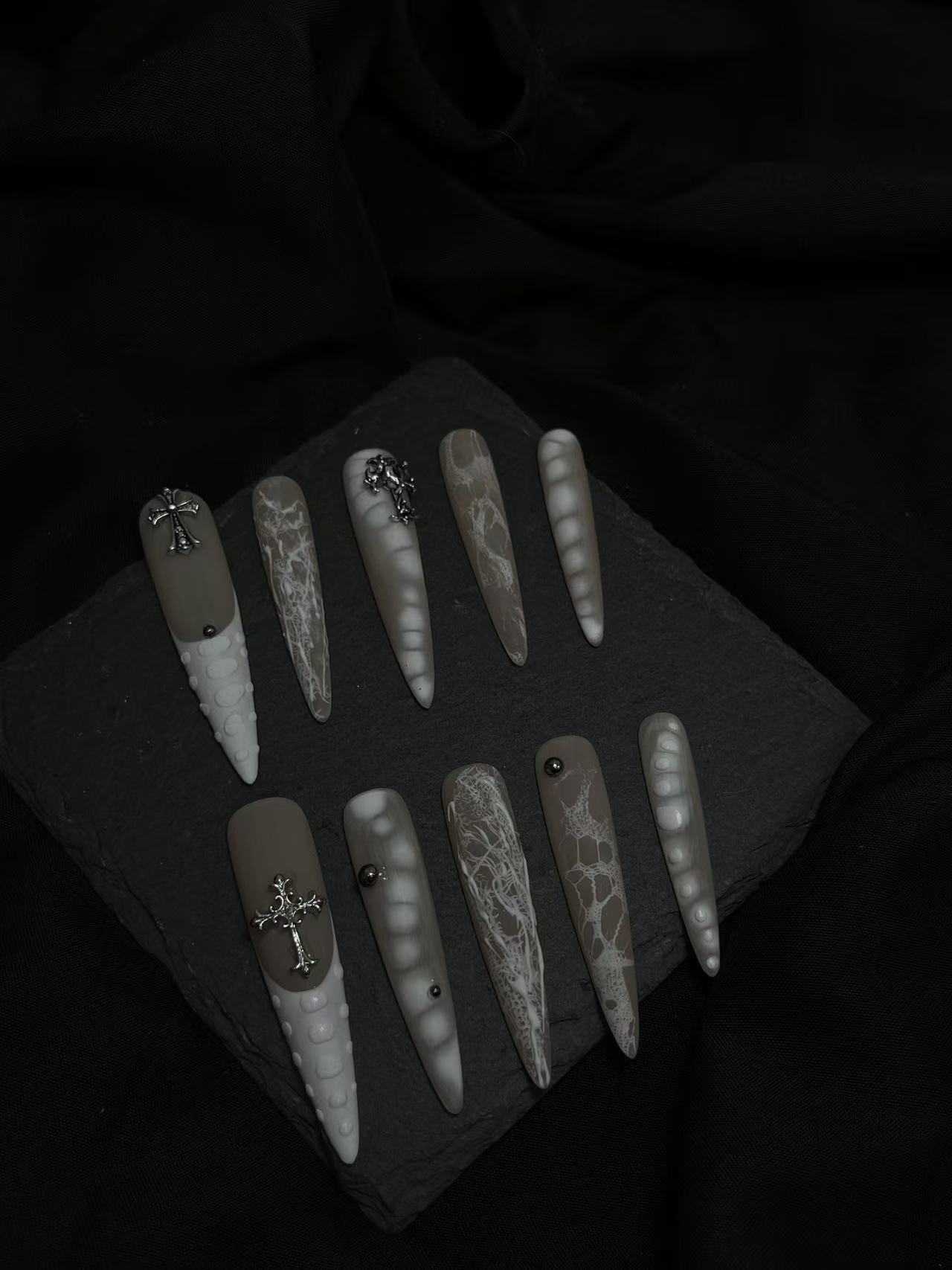 White Python Scale Cross Long Stiletto Press On Nails - Image 2