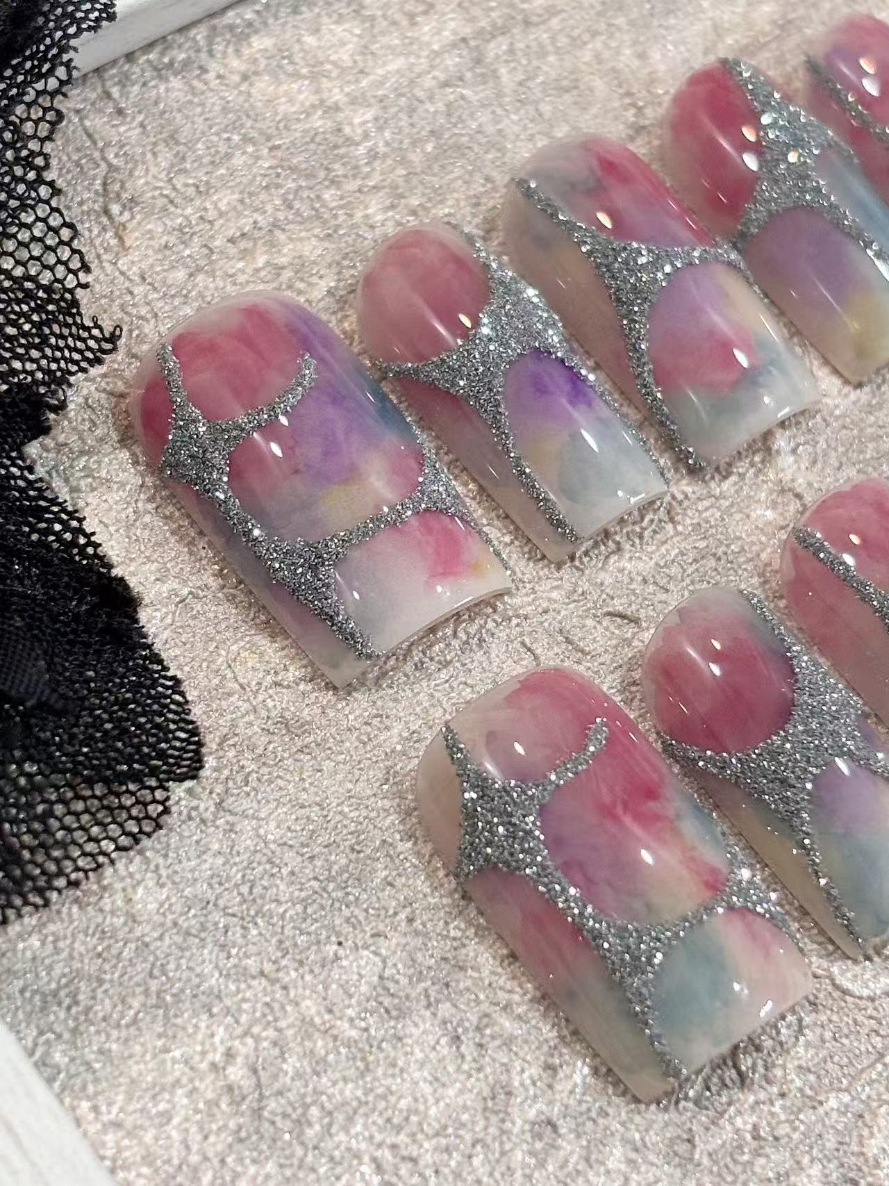 Pastel Watercolor Silver Crackle Line Square Press On Nails - handmade custom press-on nails detail gallery photo