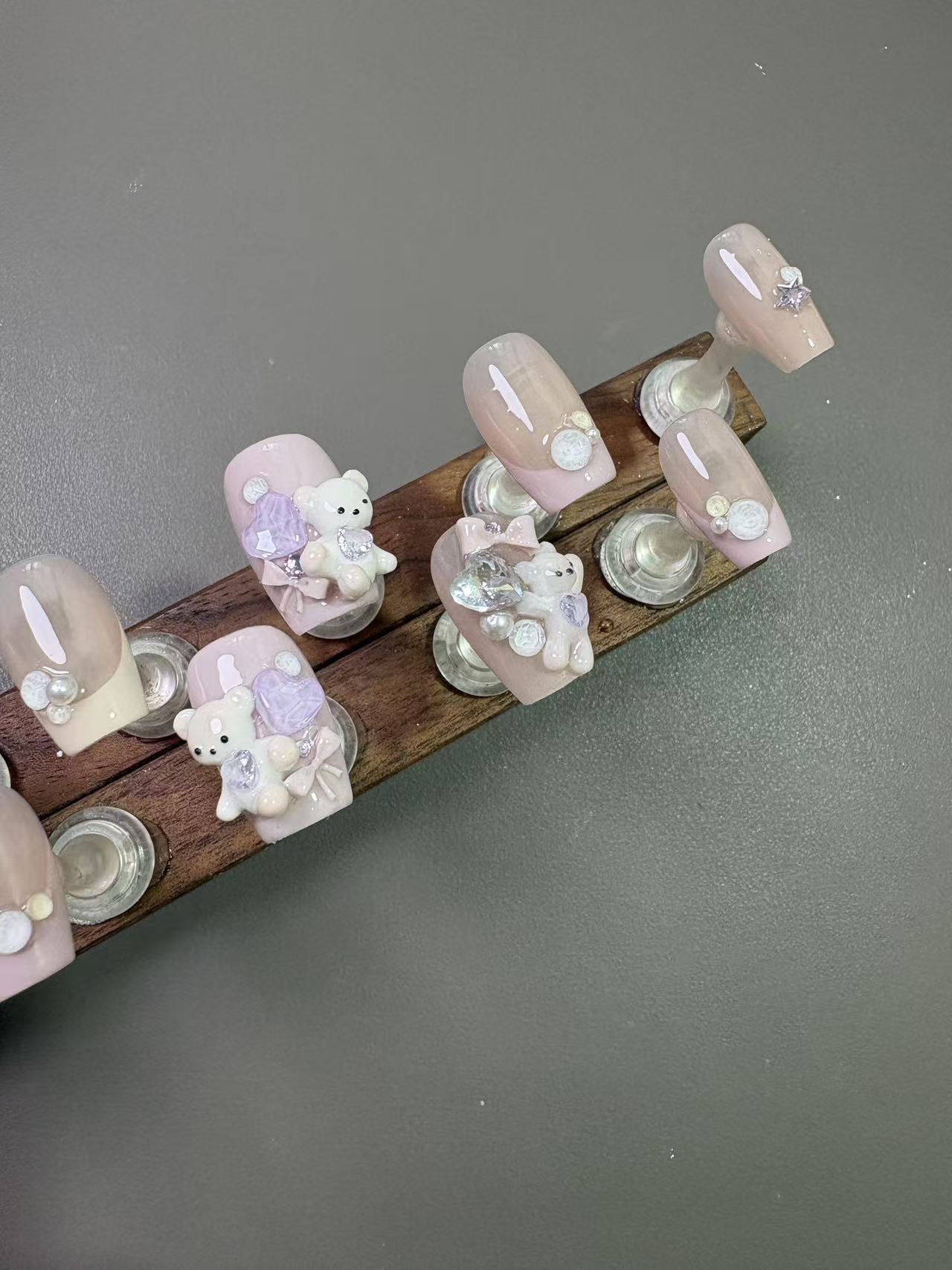 Nude Pink French 3D Bear Short Square Press On Nails - handmade custom press-on nails detail gallery photo
