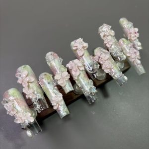 Iridescent Glitter 3D Pink Flower Long Coffin Press On Nails - handmade custom press-on nails main product photo