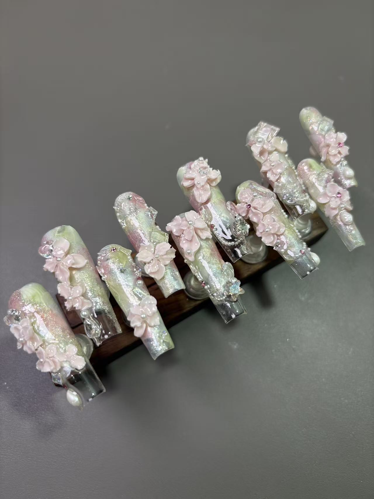 Iridescent Glitter 3D Pink Flower Long Coffin Press On Nails - handmade custom press-on nails main product photo