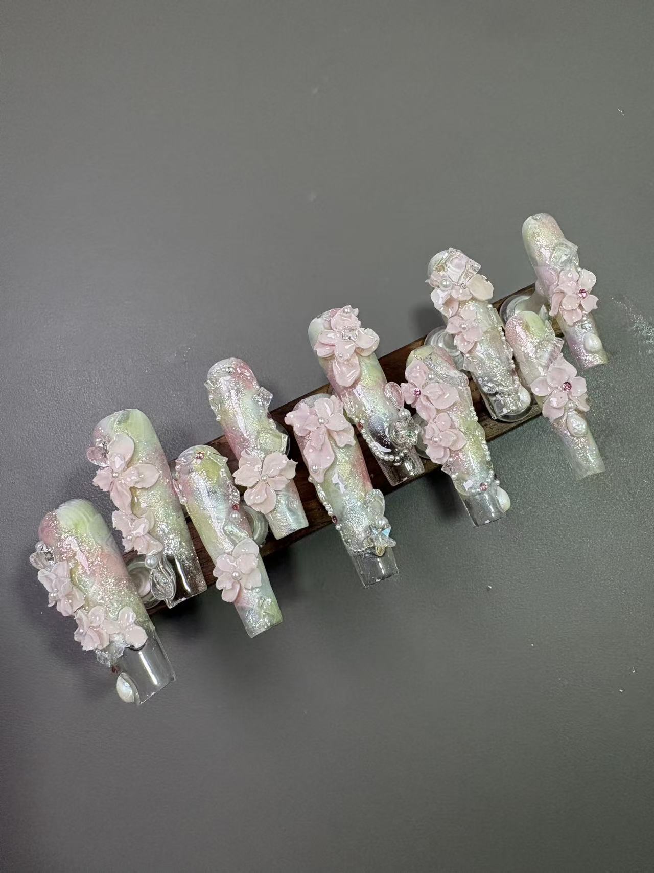 Iridescent Glitter 3D Pink Flower Long Coffin Press On Nails - handmade custom press-on nails detail gallery photo
